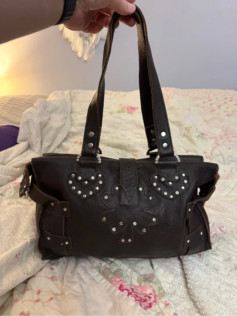 Hand Crafted Dark Brown Genuine Leather Biker Satchel Bag with Stud Heart Pocket